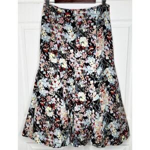Jones New York Black Colorful Floral Print Midi Skirt Lined Side Zip Size 6